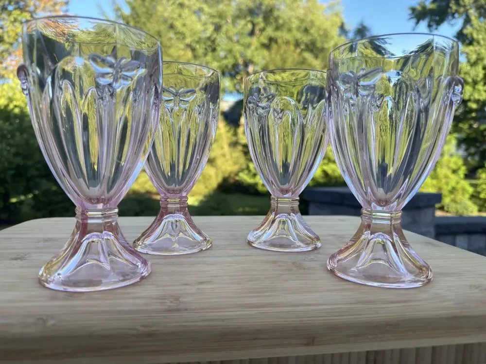 Vtg Lenox Dragonfly Butterfly Meadow 6-1/4” Pink Water Glass Goblet 8oz~Set Of 4